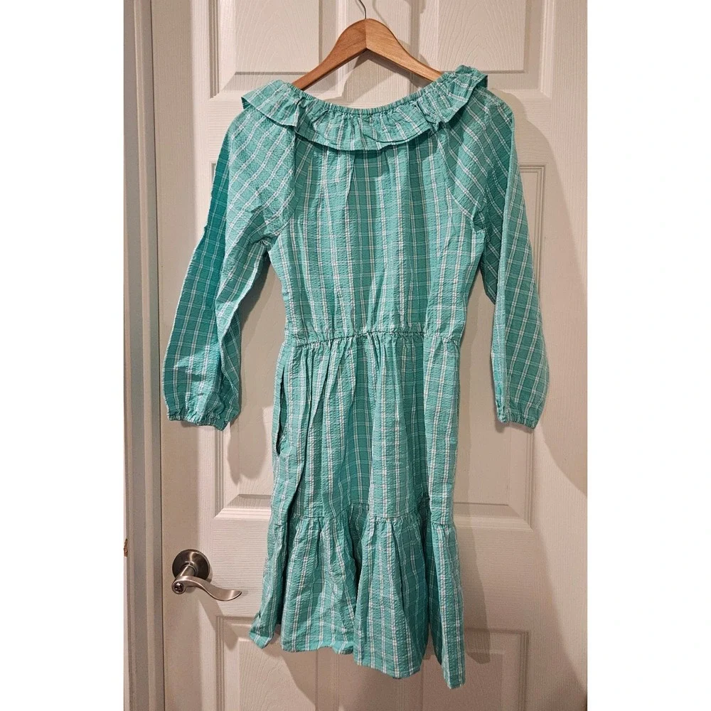 J.Crew Seersucker‎ Ruffleneck Mini Dress Womens 6 Green Plaid Cotton Long Sleeve